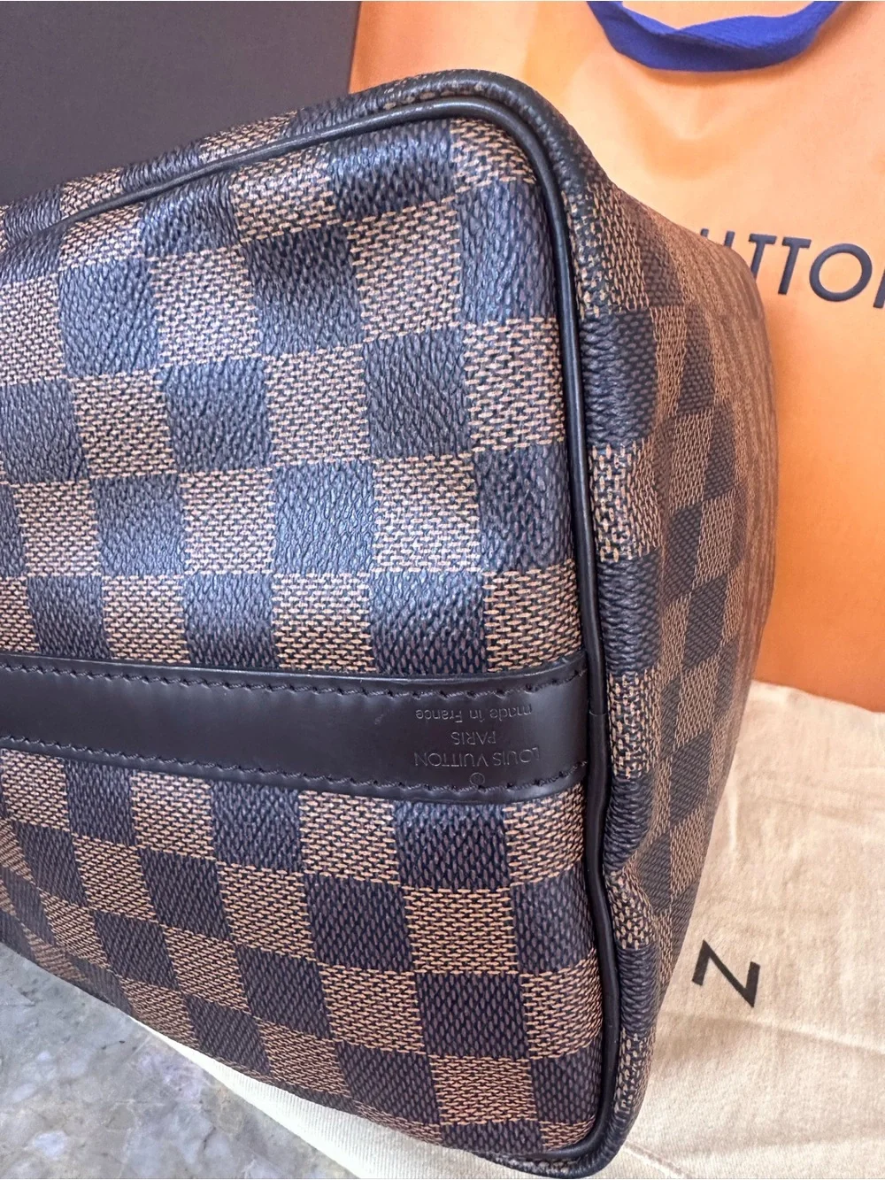 Louis Vuitton Damier Ebene Satchel in Brown with Gold Hardware